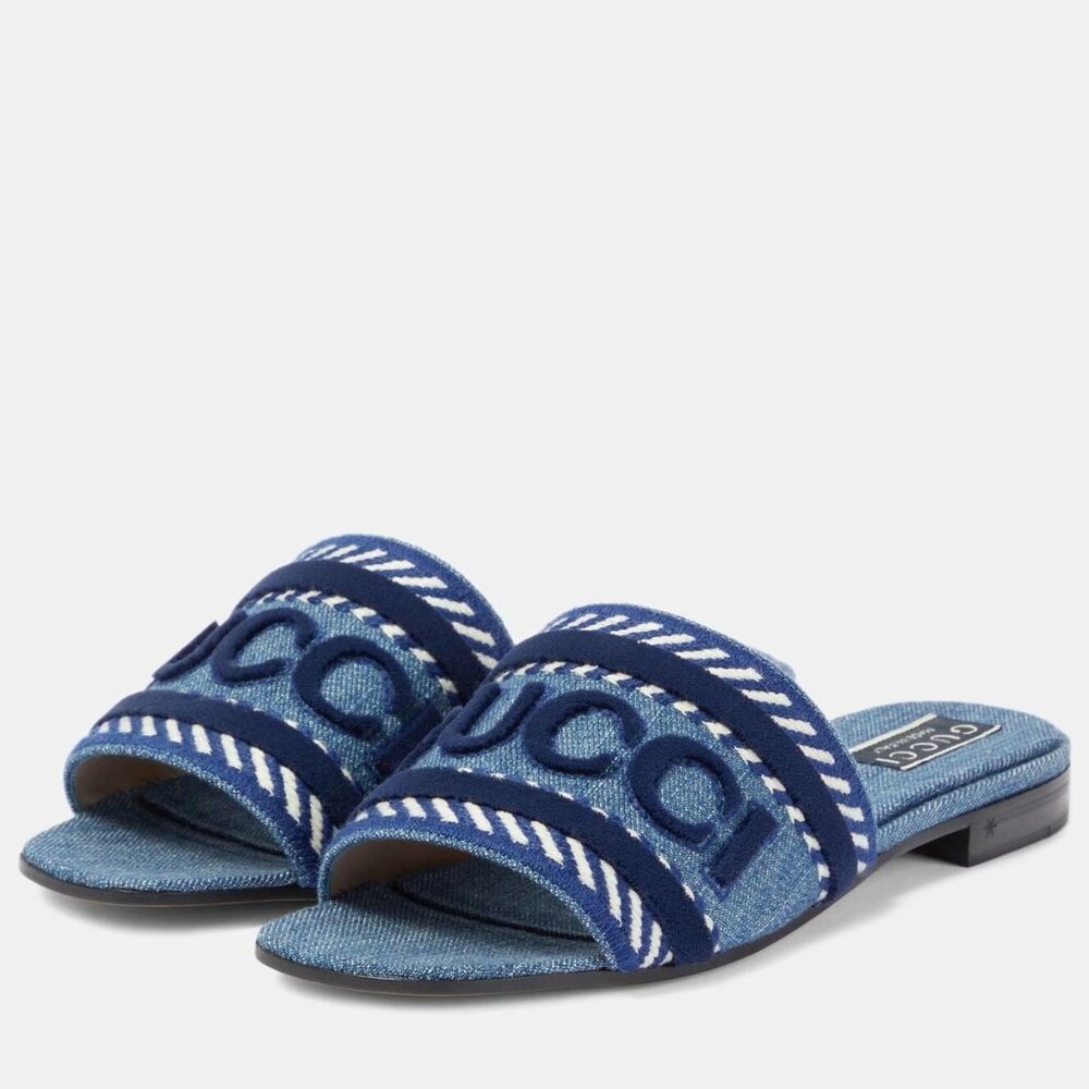 Gucci Jane Denim Logo Embroidered Flat Slide Sandals Shoes Blue - Picture 4 of 16